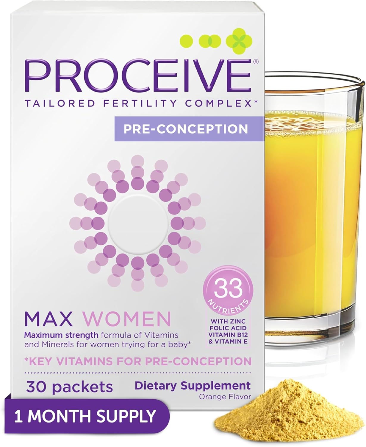 Proceive Tailored Fertility Supplement for Her, Max Women - Womens Pre-Conception Vitamins, Minerals & Amnio Acids for Pre Pregnancy Support - Folic Acid, Vitamin D & Zinc - 30 Sachets, Orange Flavor