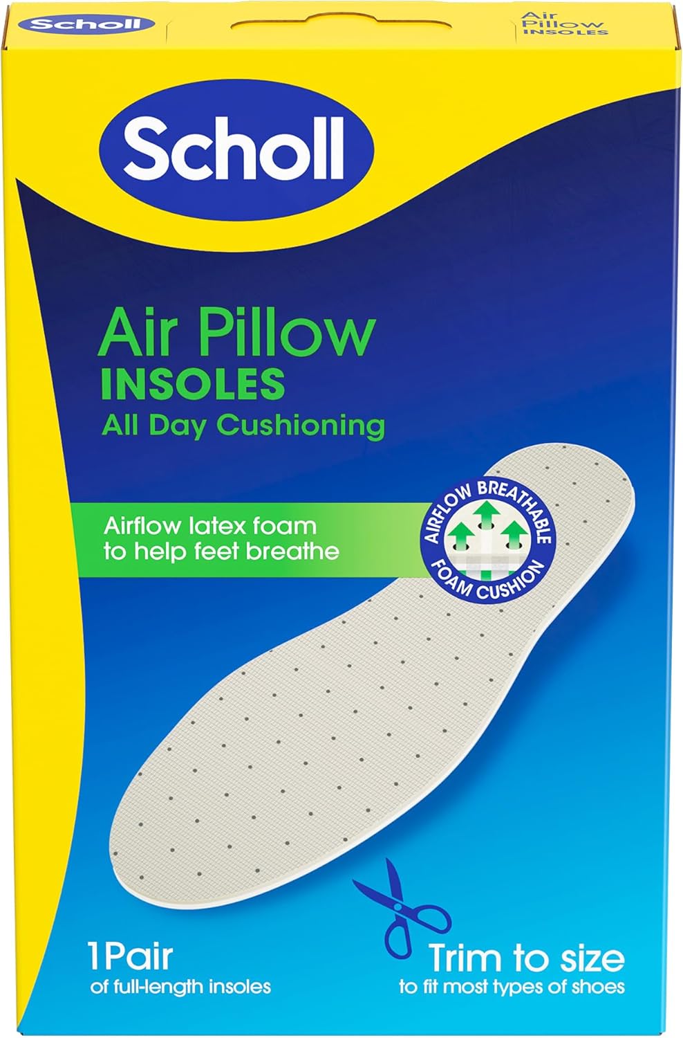 Scholl Air Pillow Insoles for All Day Cushioning & Comfort - with Airflow Latex Foam to Help Feet Breathe, Soft Foam Layer for Everyday Comfort, Trim to Fit Shoe Insoles, UK Size 3-11, 1 Pair