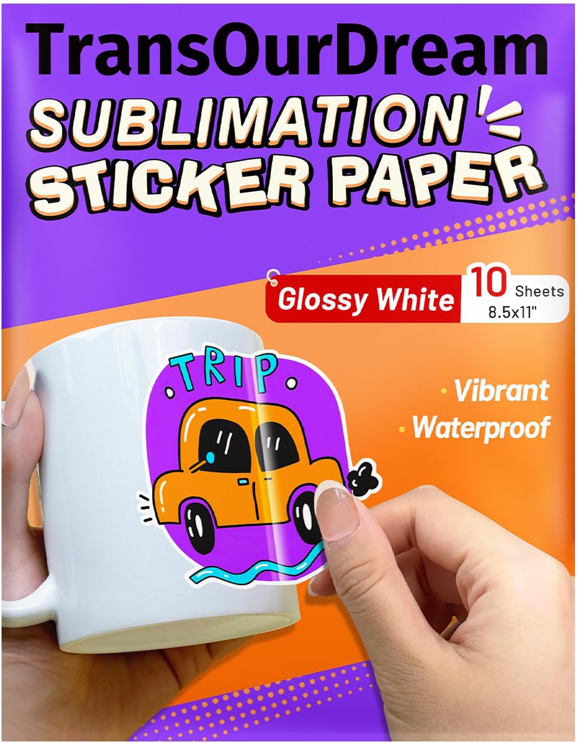 TransOurDream Sublimation Sticker Paper-10 Pcs Glossy White Waterproof Sublimation Stickers 8.5x11 inch for Sublimation Inkjet Printer and Ink, Heat Transfer Paper for Decoration on Tumblers and Mugs