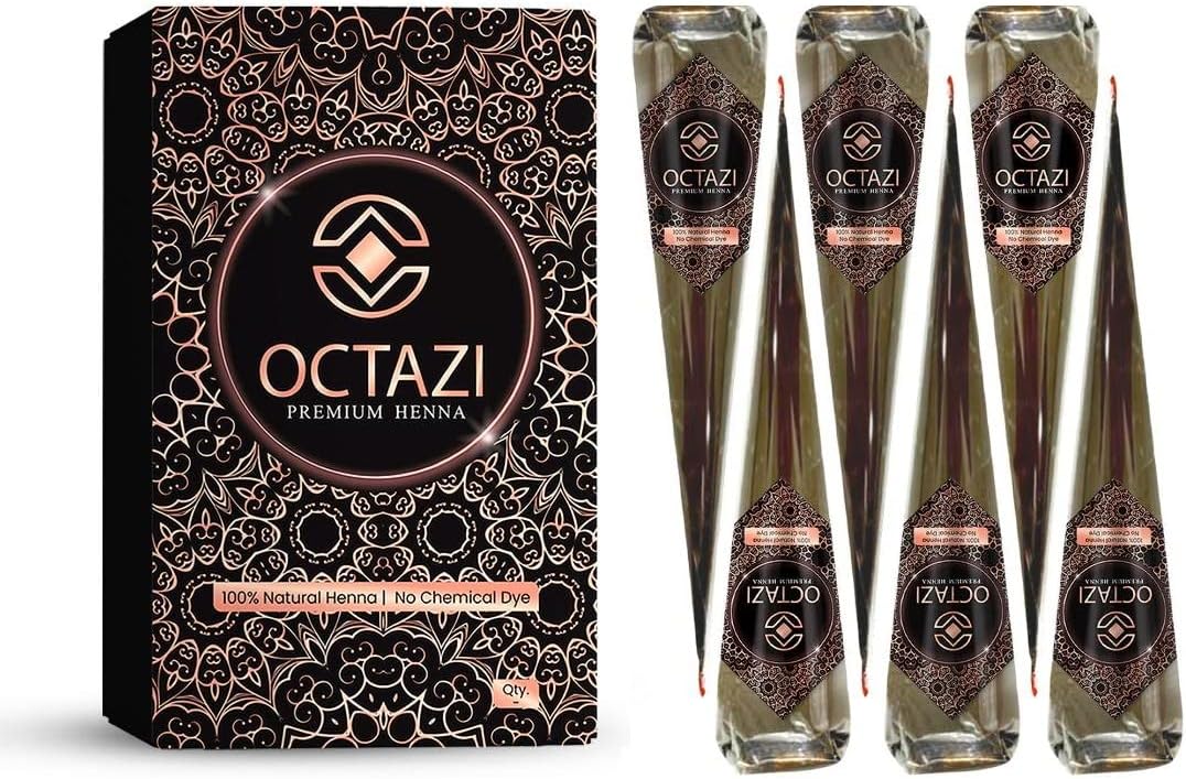 OCTAZI Henna Cones Brown Indian Mehendi Cones For Temporary Body Art Tattoo Mehindi All Natural Organic Herbal Pure Mehndi Henna Paste Cone For Festival, No Chemicals, No Dyes, Ready To Use (6 Cones)