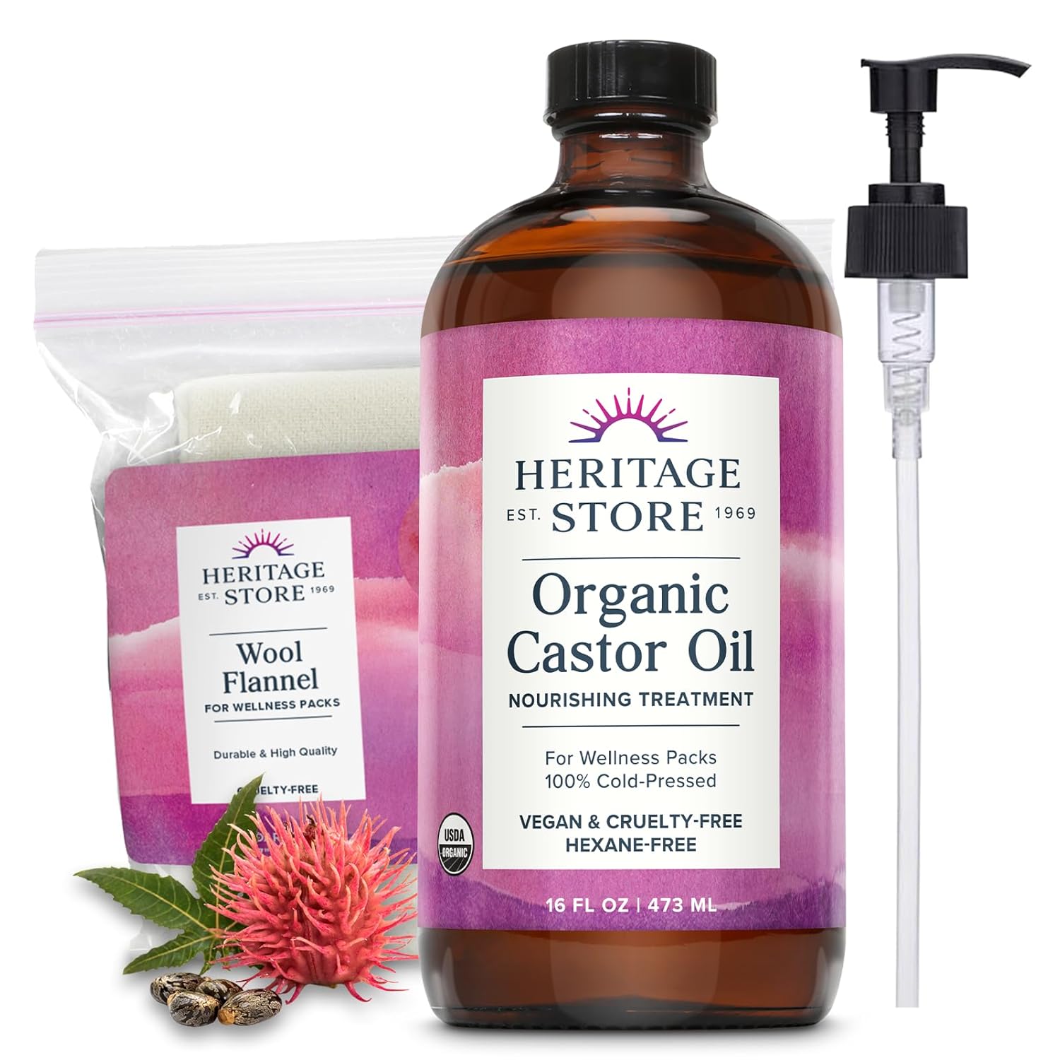HERITAGE STORE Organic Castor Oil Pack Wrap Kit - Soothing Castor Oil Packs, Heat Compress for Abdomen, Joints, Overall Health - 16oz Cold Pressed Organic Castor Oil w/Pump, 12 x 27 in. Wool Flannel