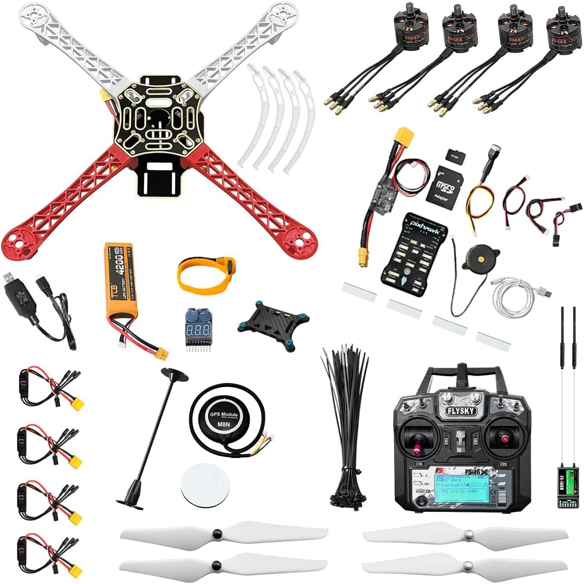 HAWK’S WORK F450 Drone Kit to build, Frame + Pixhawk + GPS + Power Module + ESC + Brushless Motor + Prop + Battery + RC Transmitter & Receiver + Accessory + Guild Book & Video (Set A)
