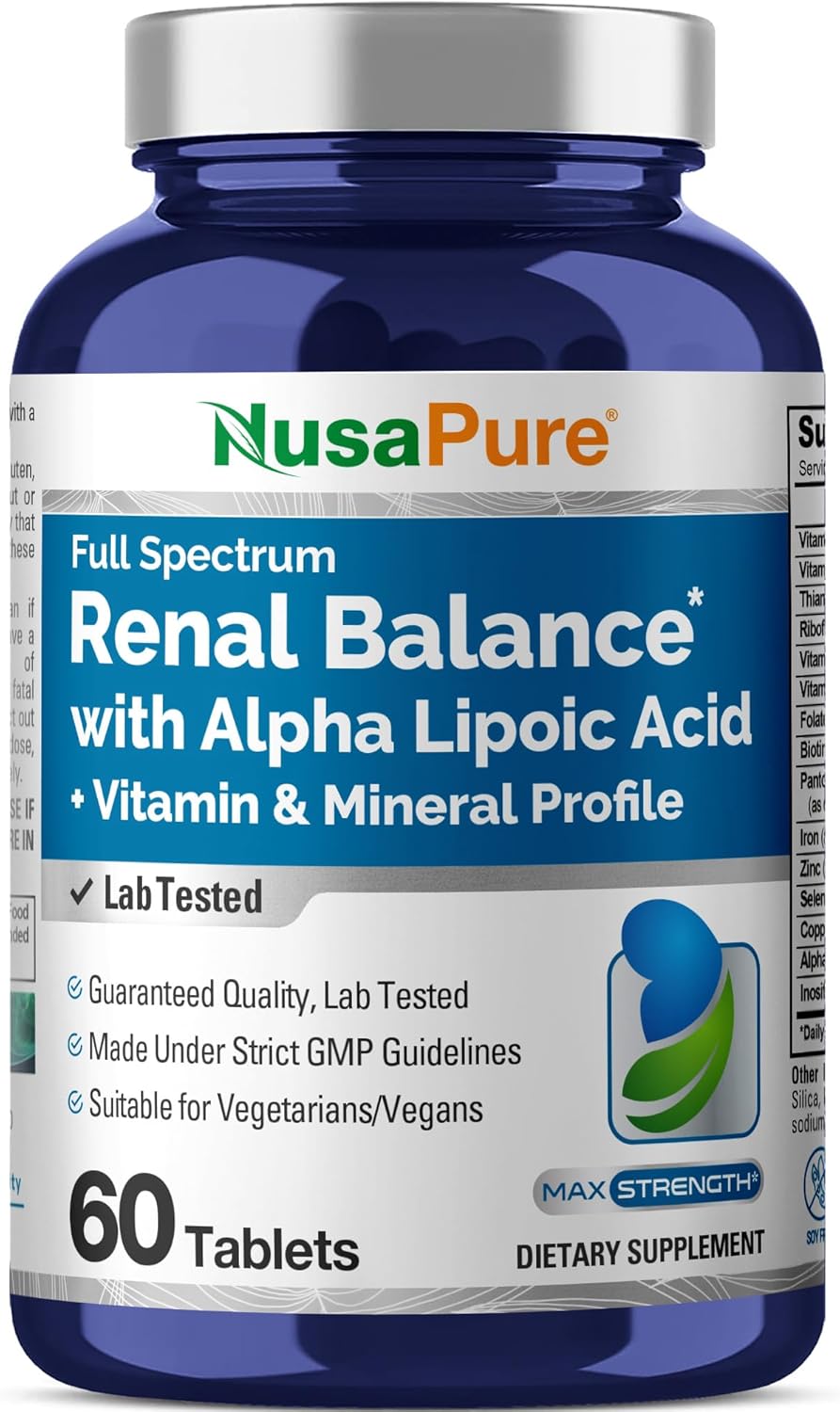 NusaPure Renal Balance with Alpha Liopic Acid Vitamin & Mineral Vegetarians Vegans, Non-GMO Per 60 Tablets