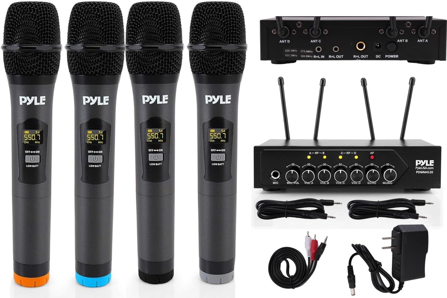 Portable UHF Wireless Microphone System - Battery Operated Four Bluetooth Cordless Microphone Set with 50 Channels Selectable Frequency, Receiver Base, AUX, for PA Karaoke DJ Party - Pyle PDWM4120