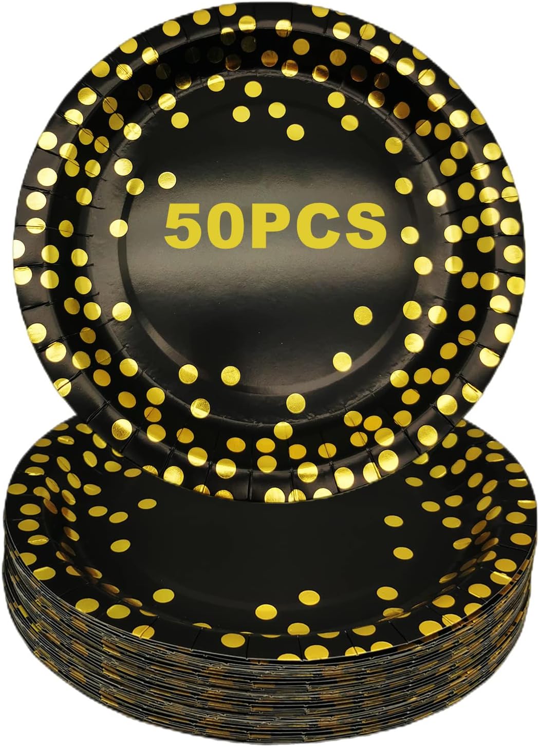 CEILIWEN Black and Gold Party Plates, 50 Pack 7 inch Party Tableware Dinnerware, Disposable Paper Plates, Party Supplies for Birthday Decorations, Pack of 50