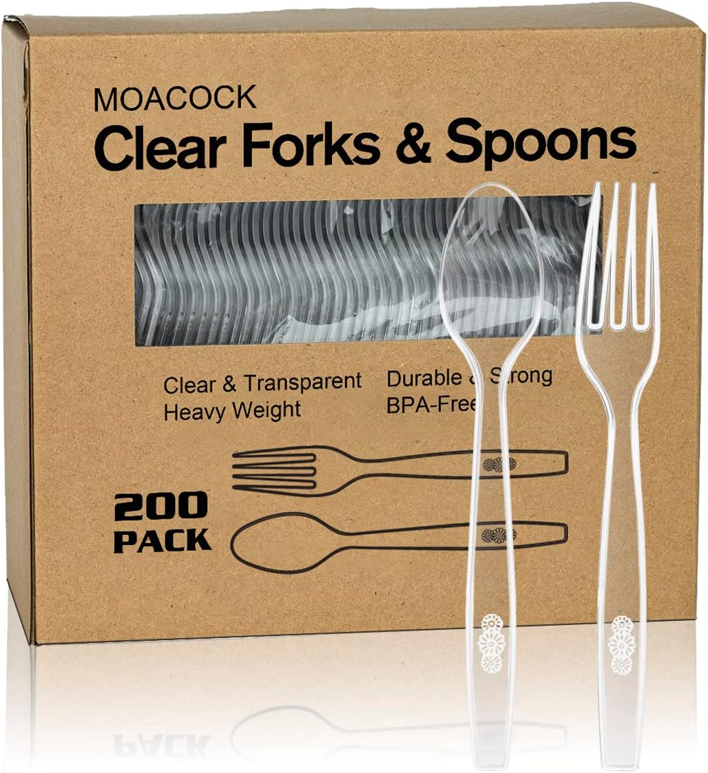 200 Count Plastic Silverware, Heavy Weight Plastic Forks Spoons Disposable Utensils Cutlery Set for Wedding Party Supplies Everyday Use