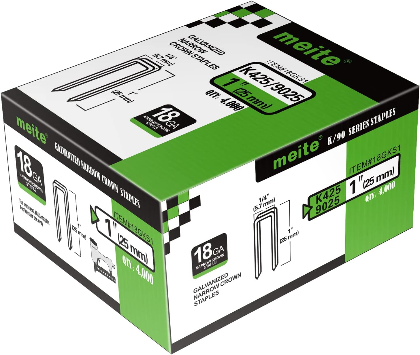 meite 9025 Type 90/25 mm Narrow Crown Staples for Staple Gun 18 Gauge Galvanised Upholstery Staples for Furniture, Wood Box, Crafts DIY (4,000 Pieces)