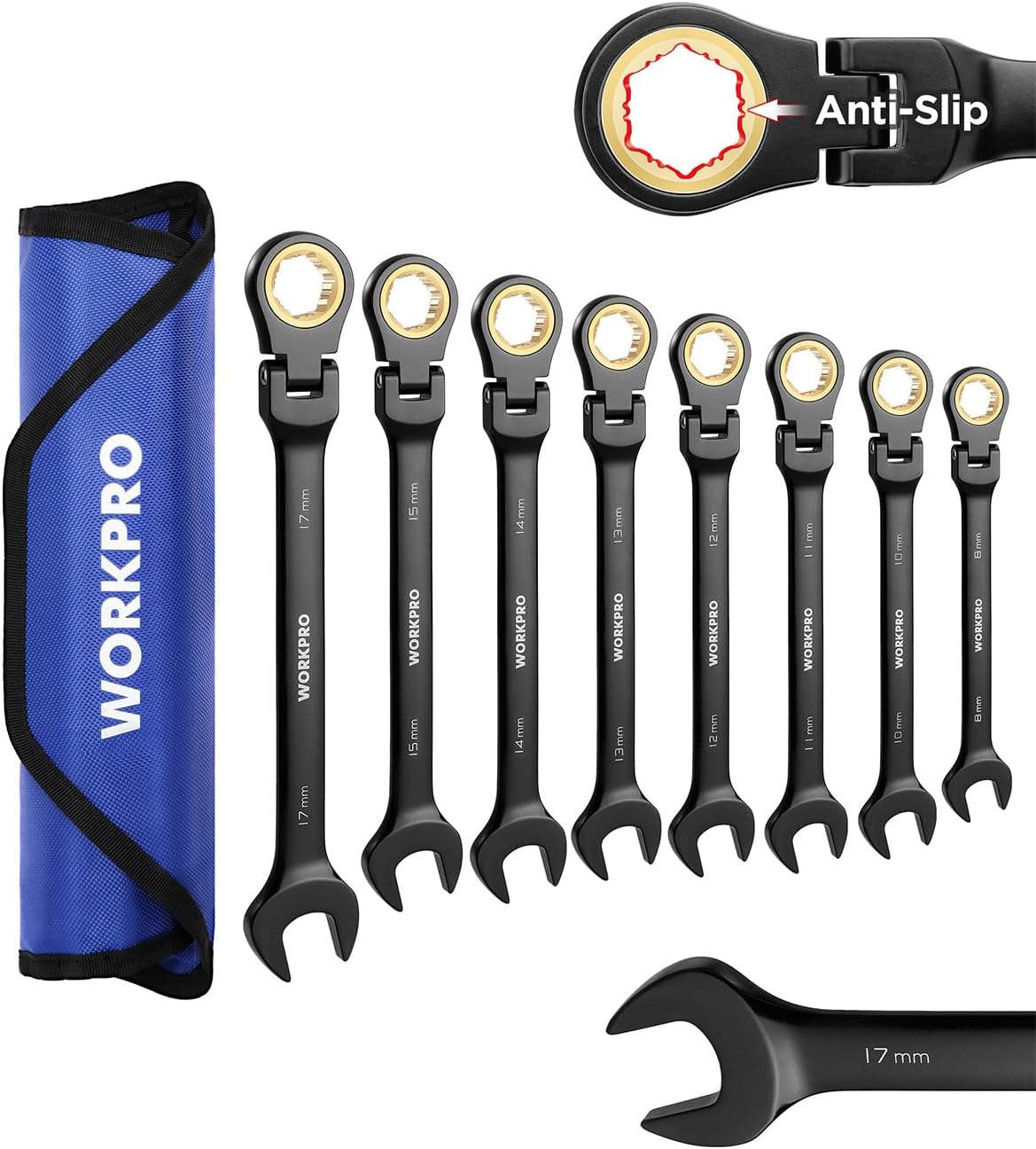 WORKPRO Ratcheting Combination Wrench Set, 8-piece Flex-Head Anti-Slip Set Metric 8-17 mm, 72-Teeth, Cr-V Constructed, Black Electrophoretic Coating with Rolling Pouch