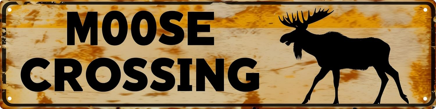 WSUPBPR Funny Metal Sign Decor Moose Crossing Road Signs Warning Sign Outdoors Wall Fence Forest Decor coffee Bar Art 16x4 in