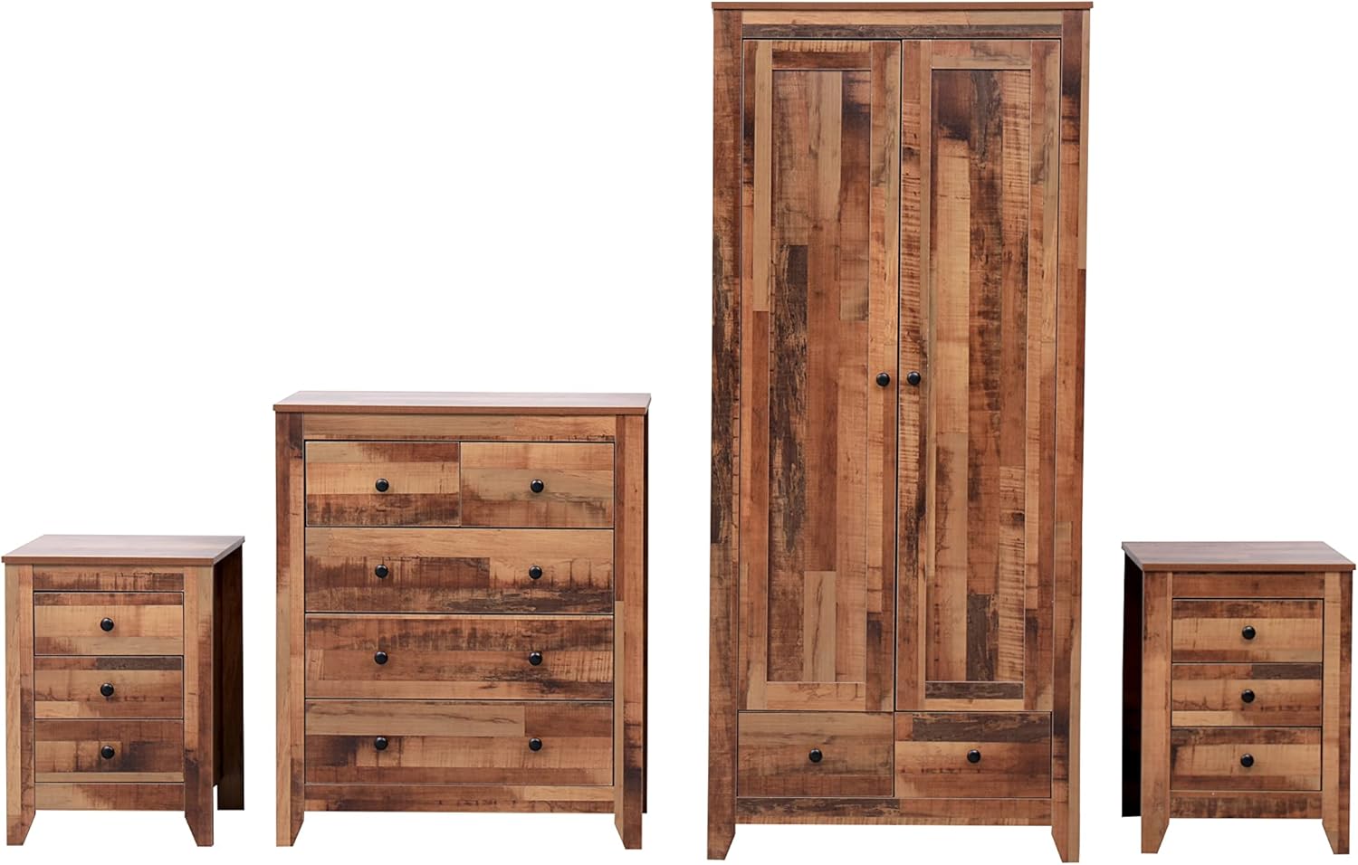 Kingwudo® Wooden Bedroom Furniture Set - 4 Pieces (2 x 3 Drawers, 3+2 Drawers Chest, 2 Door 2 Drawer Wardrobe) Storage and Wardrobe Sets