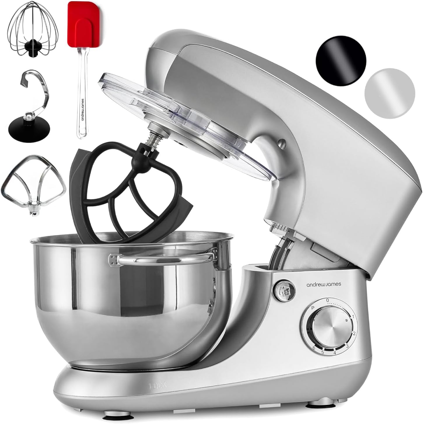 Andrew James Stand Mixer for Baking Food Mixer | 1300W Max | Large 5.5 Litre Bowl 6 Speed Pulse Mode | Kitchen Cake Mixers | Flexi-Beater Dough Hook Balloon Whisk Removable Splash Guard