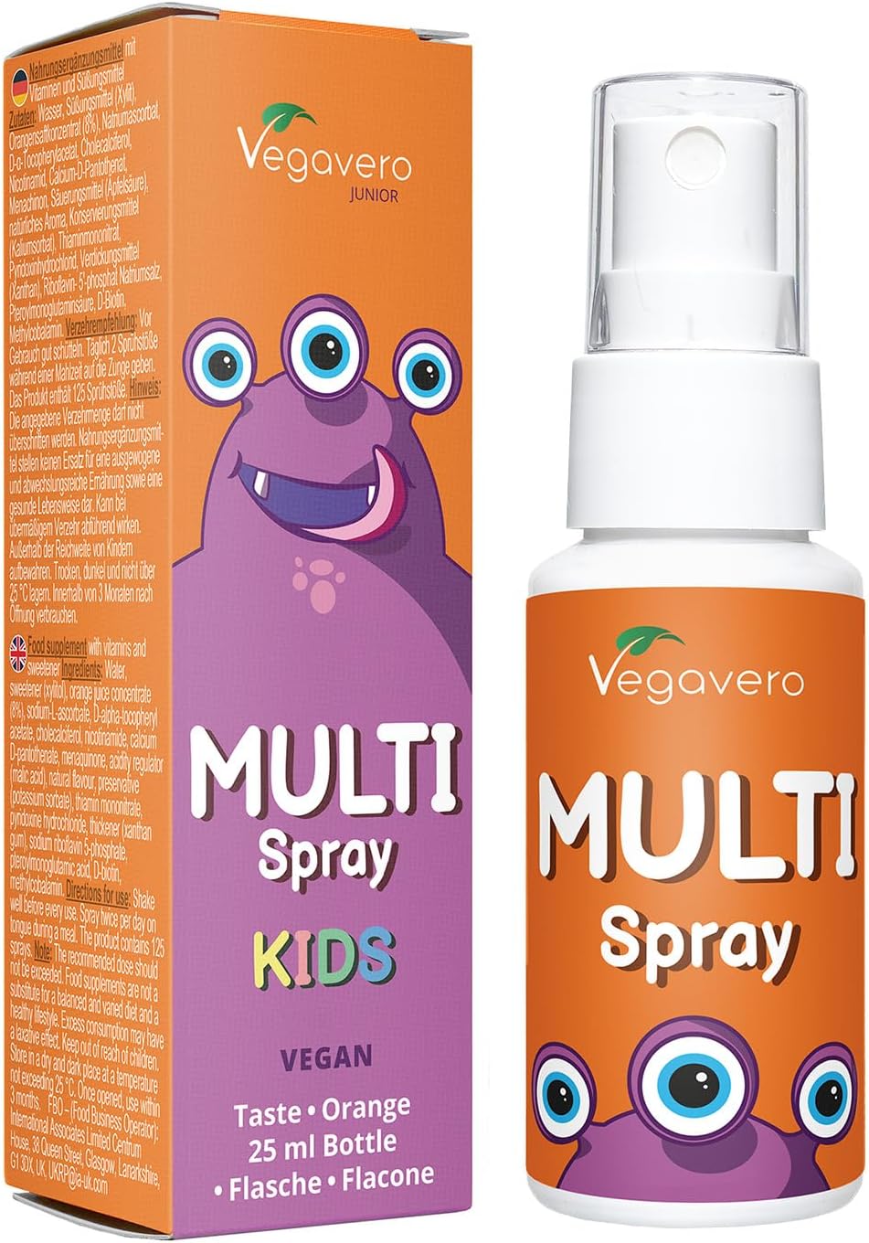 Vegavero Multivitamin for Kids Spray | No Added Sugar | NO Additives | Natural Orange Flavour | with Vitamin C, D3, E, K2 & All B Vitamins | 125 Sprays | Vegan