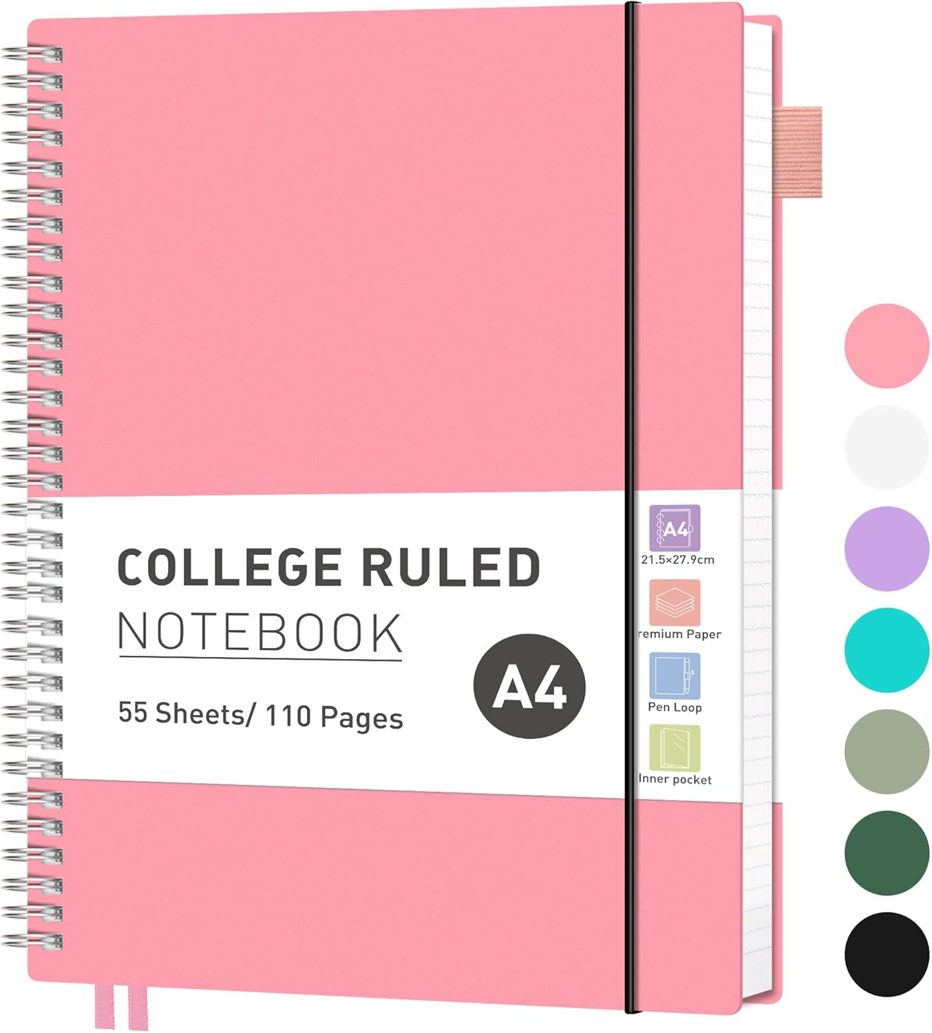 RETTACY A4 Notebook, Lined Wirebound Spiral Notebook College Ruled Paper 110 Pages for Writing, Journals for Women 100gsm, PVC Pocket, Pen Loop, Ruler, Bookmark, 21.5 x 27.9cm - Pink