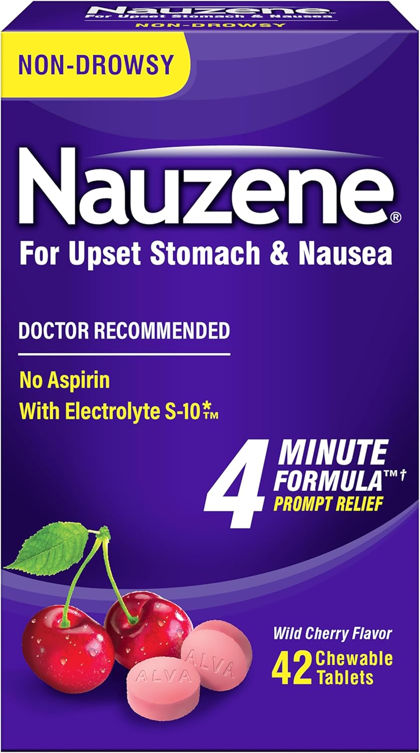Nauzene Non-drowsy Upset Stomach & Nausea Relief Chewable Tablets - Fast-Acting Relief in 4 Minutes - Doctor Recommended - Wild Cherry Flavor, 42 ct