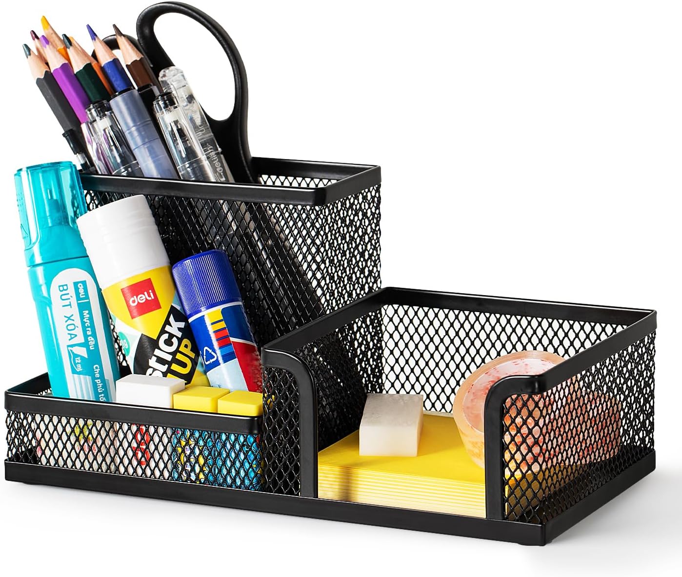 deli Mesh Desk Organizer Office Supplies Caddy with Pencil Holder and Storage Baskets for Desktop Accessories, 3 Compartments, Black