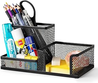 deli Mesh Desk Organizer Office Supplies Caddy with Pencil Holder and Storage Baskets for Desktop Accessories, 3 Compartments, Black