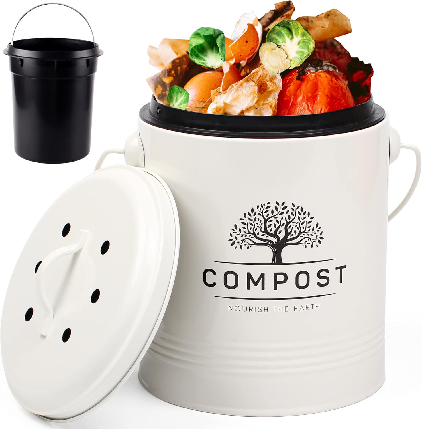Perfnique Kitchen Compost Bin, 5 Liter/1.3 Gallon Countertop Compost Bin with Lid, Indoor Compost Bucket Includes Inner Bucket Liner and Carbon Filter, Small Compost Bin