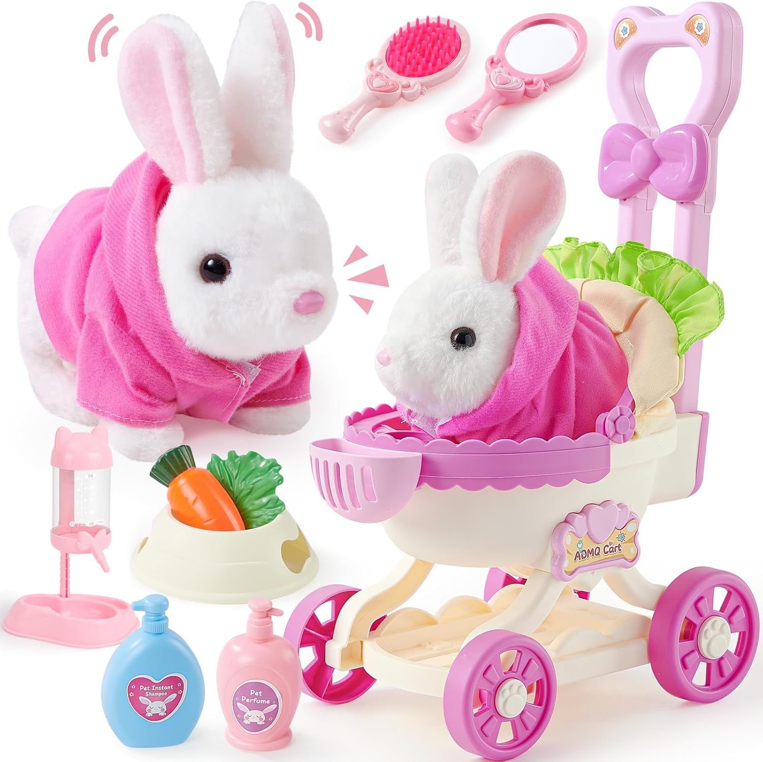 G.C Kids Bunny Toys Rabbit Plush with Stroller, Hopping Walking Electronic Interactive Stuffed Animal Accessories Pretend Play Pet Care Playset Gifts for Girls Toddlers 3 4 5 6+ Year Old