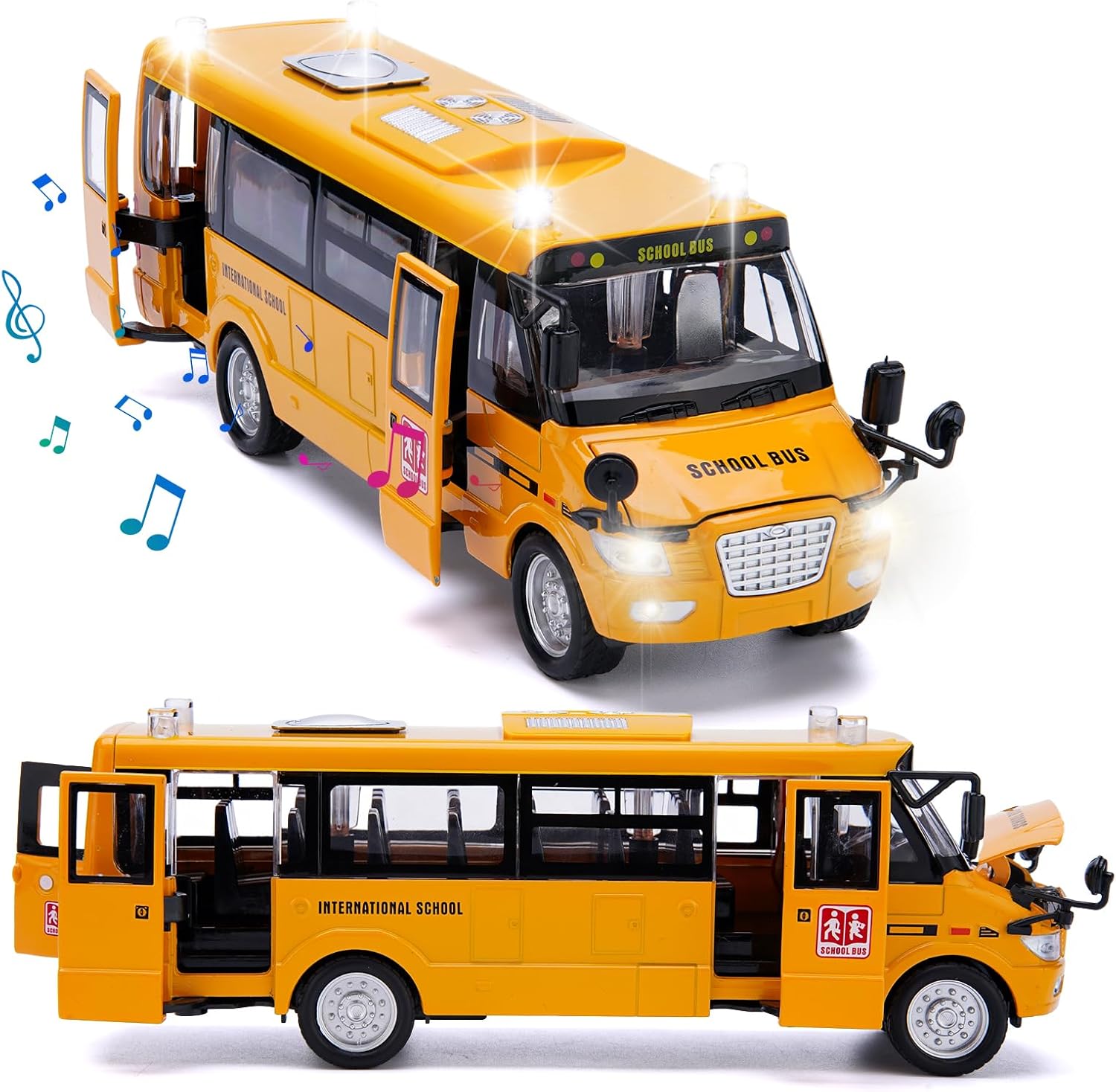 School Bus Toy, Die Cast Model Car with Flashing Lights & Sounds, Friction Powered, Back & Side Doors Open, Large Yellow Metal Toy Vehicles, Play Bus Easter Gift for Kids Toddlers Ages 3+