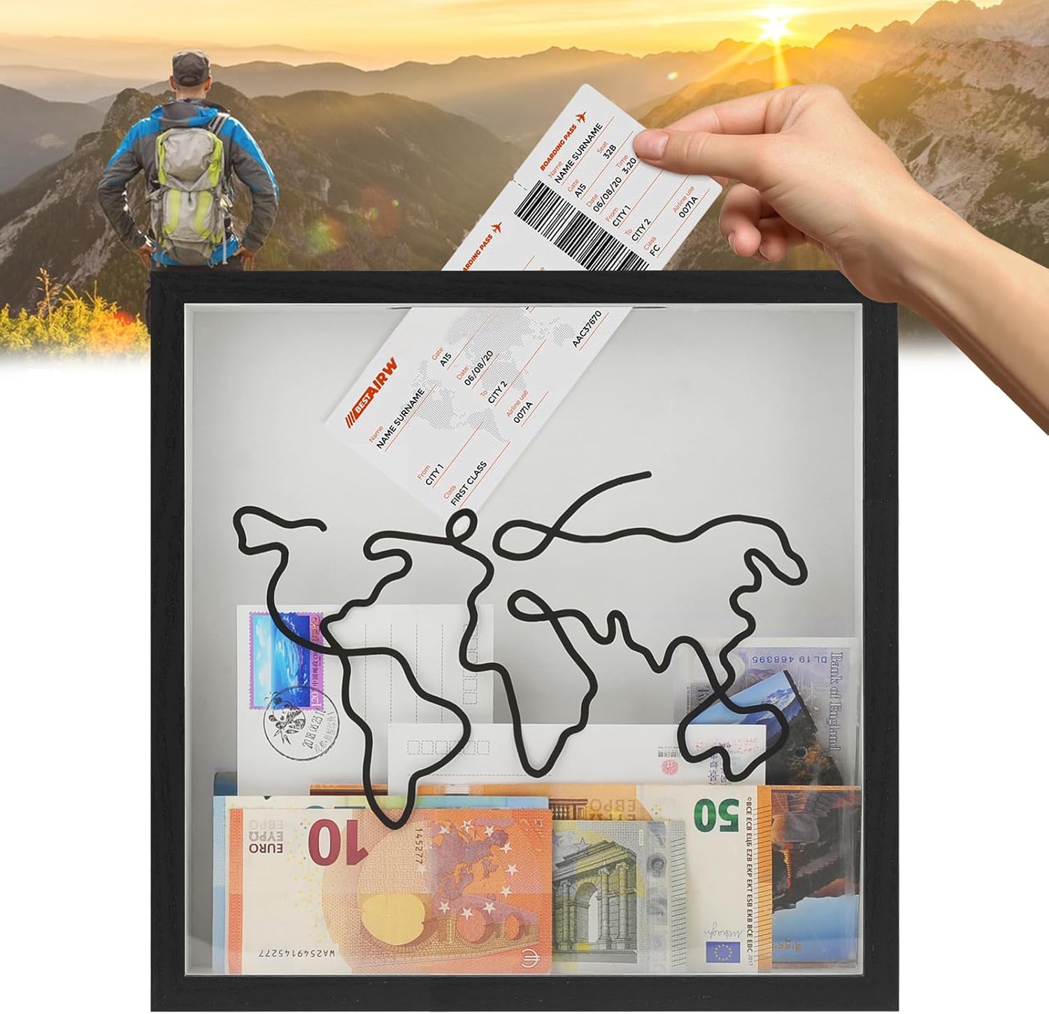 JJWNMLL Adventure Archive Box- Black Memory Box-Wood Frame Travel Tickets keepsake box-with World Map Travel Ticket Holiday Keepsakes Storage Box (Black, 30*30 cm)