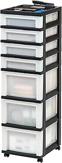 IRIS USA Plastic Drawer Storage Organizer Rolling Cart, with Wheels Casters, 7-Drawers, for Classroom Art Craft Supplies Dresser Closet Bathroom Bedroom, Top Organizer for Small Parts, Black/Pearl