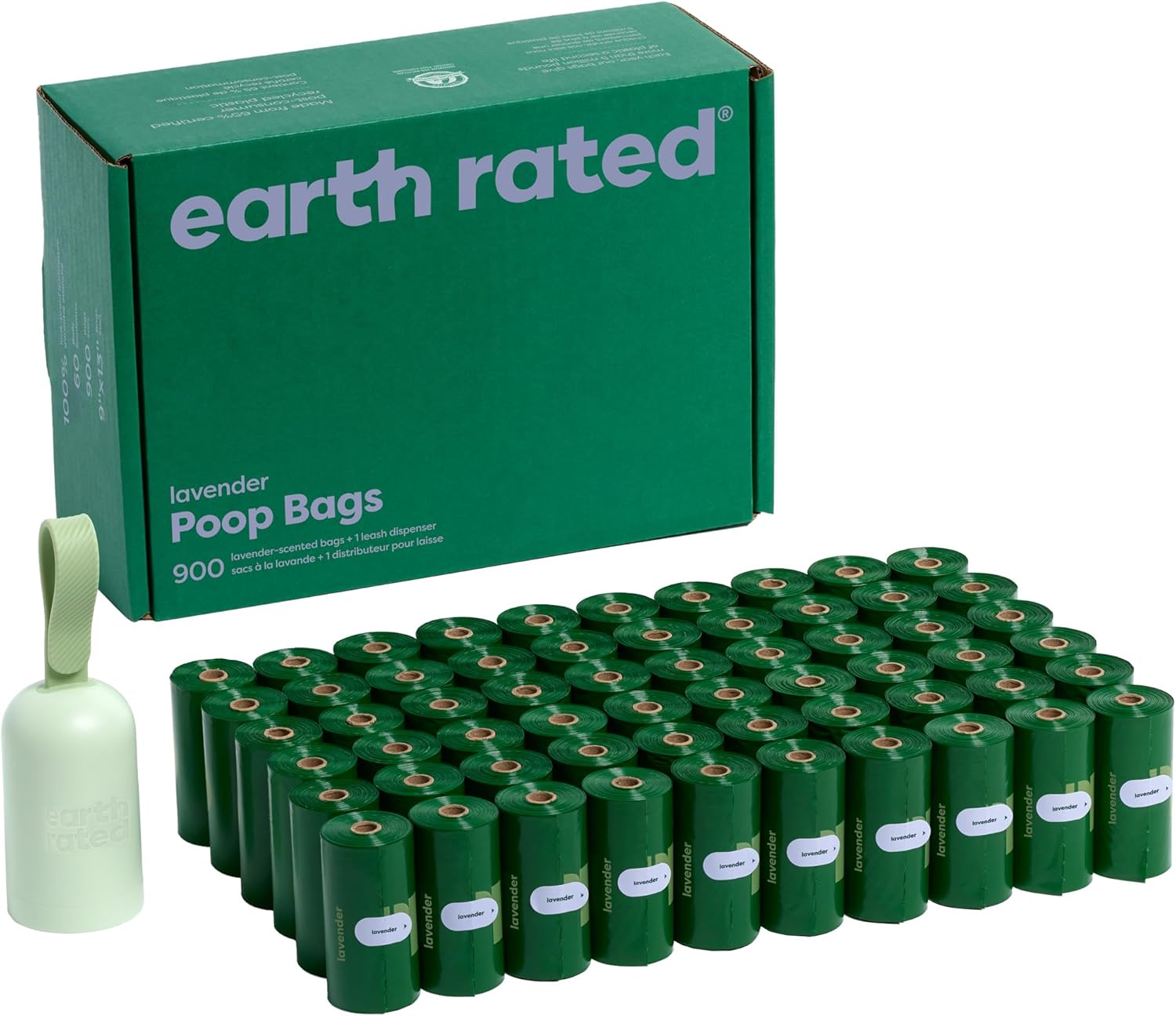 Earth Rated Dog Poo Bag Holder with Dog Poo Bags Rolls, Durable and Guaranteed Leakproof, Lavender Scented, 1 Dispenser and 900 Bags