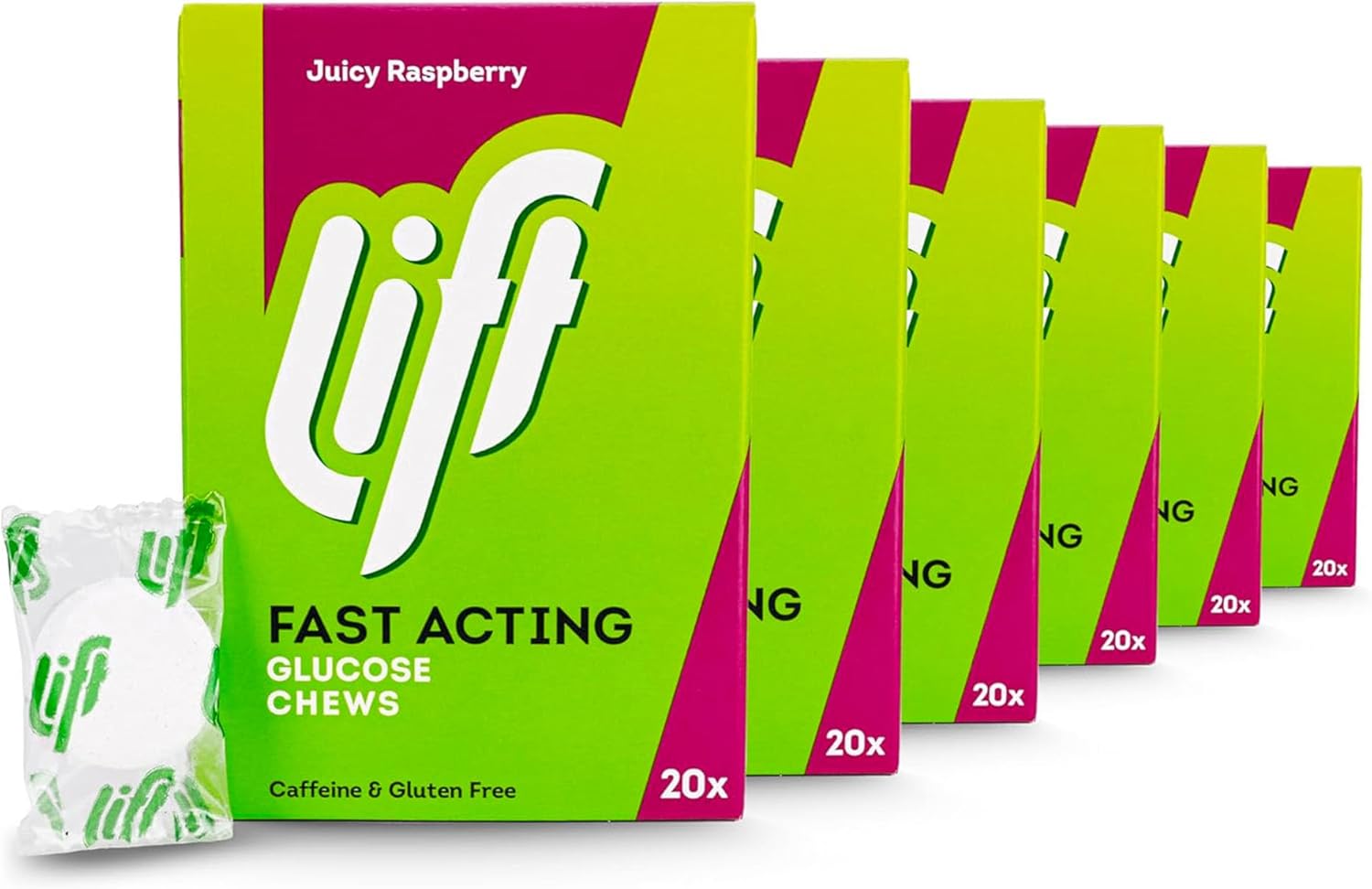 Lift Individually Wrapped Fast-Acting Glucose Chewable Energy Tablets, Raspberry, 6 Pack of 20 Tablets