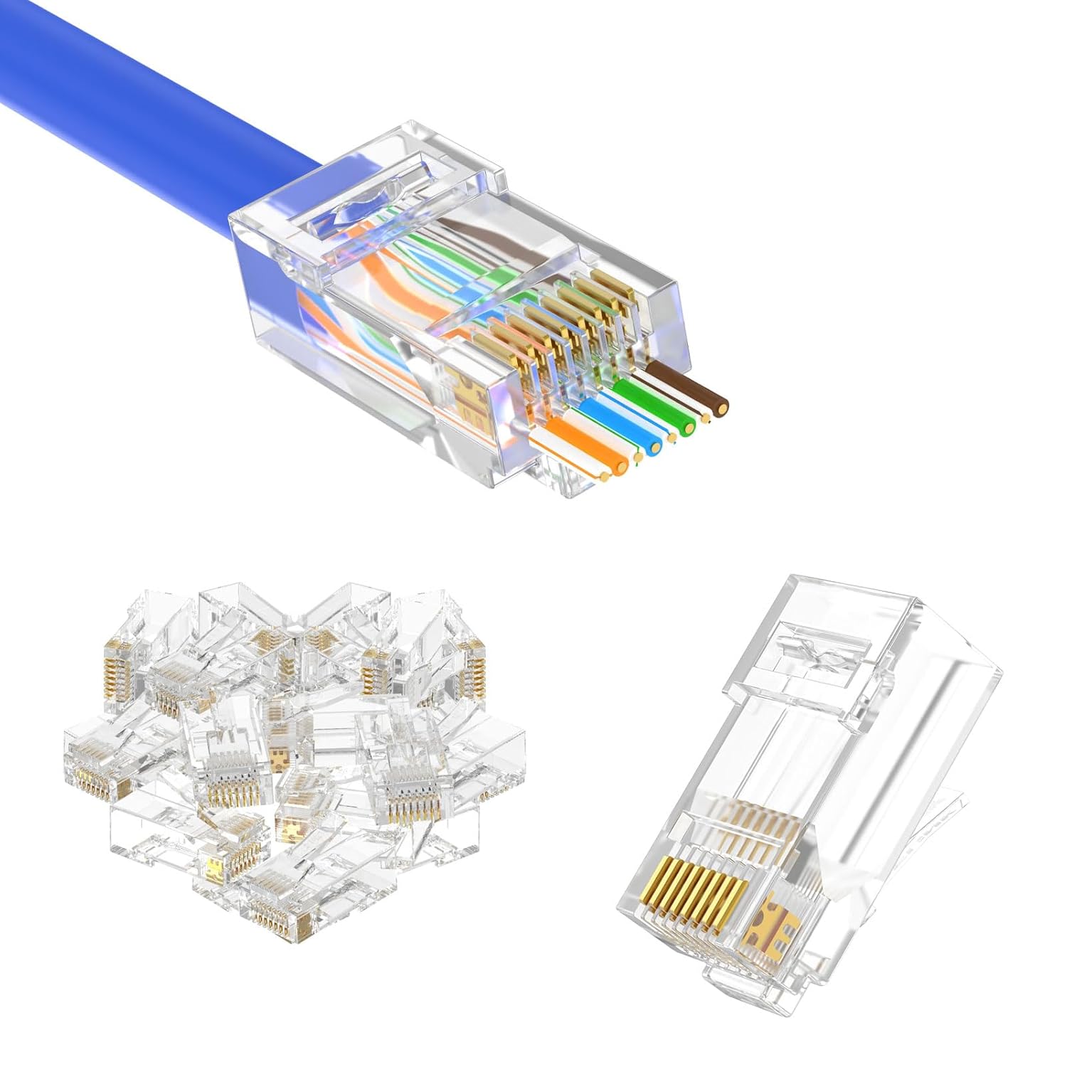 VCE UL Listed Cat6 RJ45 Pass Through Connectors 50-Pack, Cat 6/Cat 5e RJ45 Ends Gold Plated for Solid or Stranded UTP Network Cable Support PoE