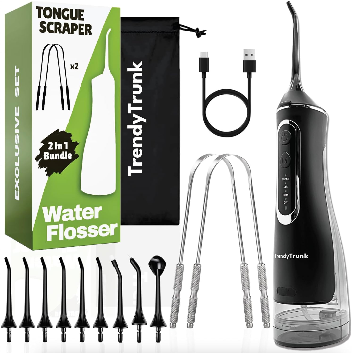 TrendyTrunk Water Flosser with Metal Tongue Scraper - 320ML Water Flossers for Teeth with 5 Modes, 9 Jet Tips, USB-C Rechargeable, IPX7 Waterproof for Home & Travel - 2Pcs Tongue Scrapers for Adults