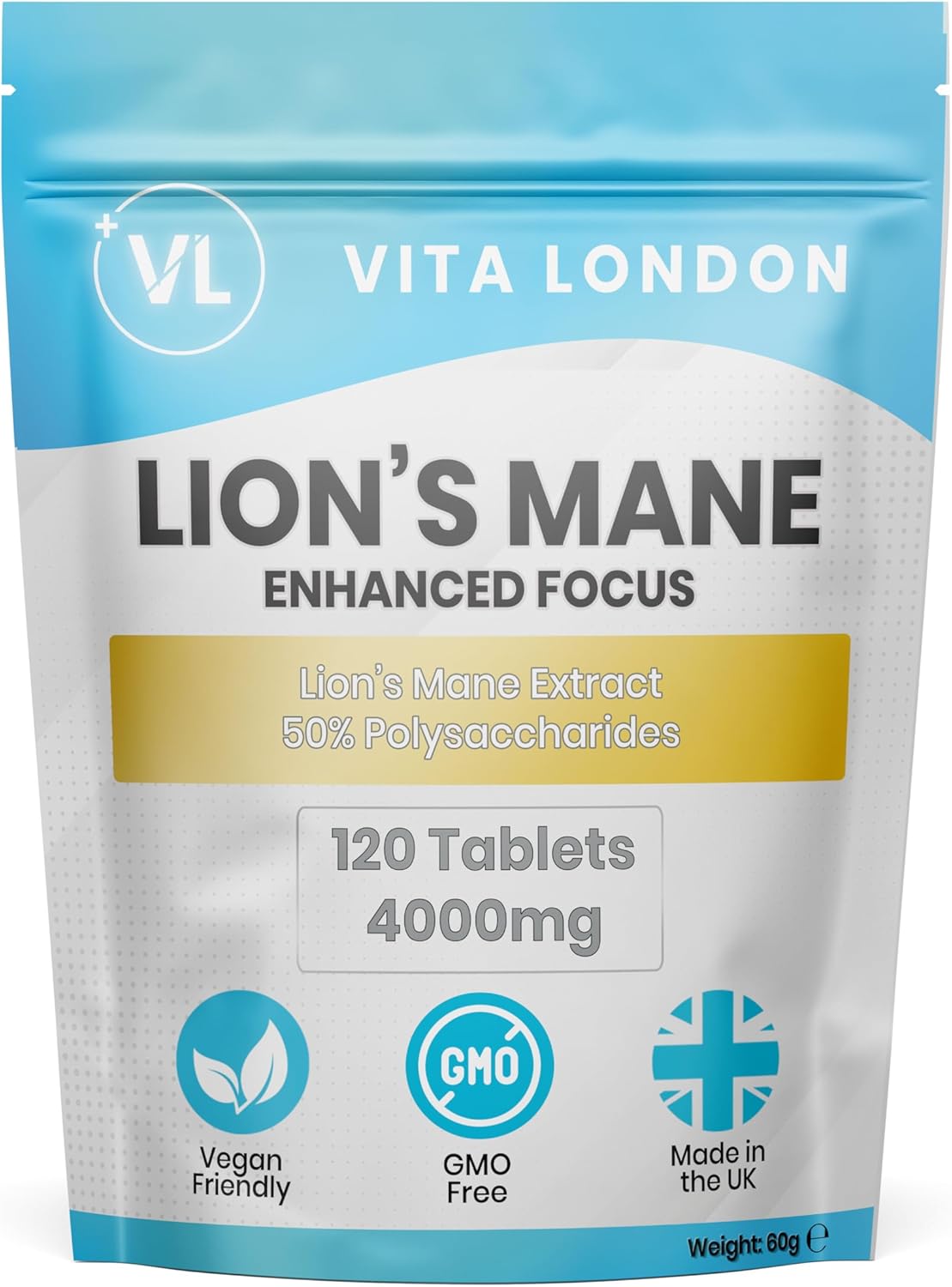 Lions Mane Supplement 4000mg | 2 Month Daily Supply | Lion's Mane Mushroom Tablets High Strength Extract (Not Lions Mane Powder or Capsules) | Made in UK, Vegan