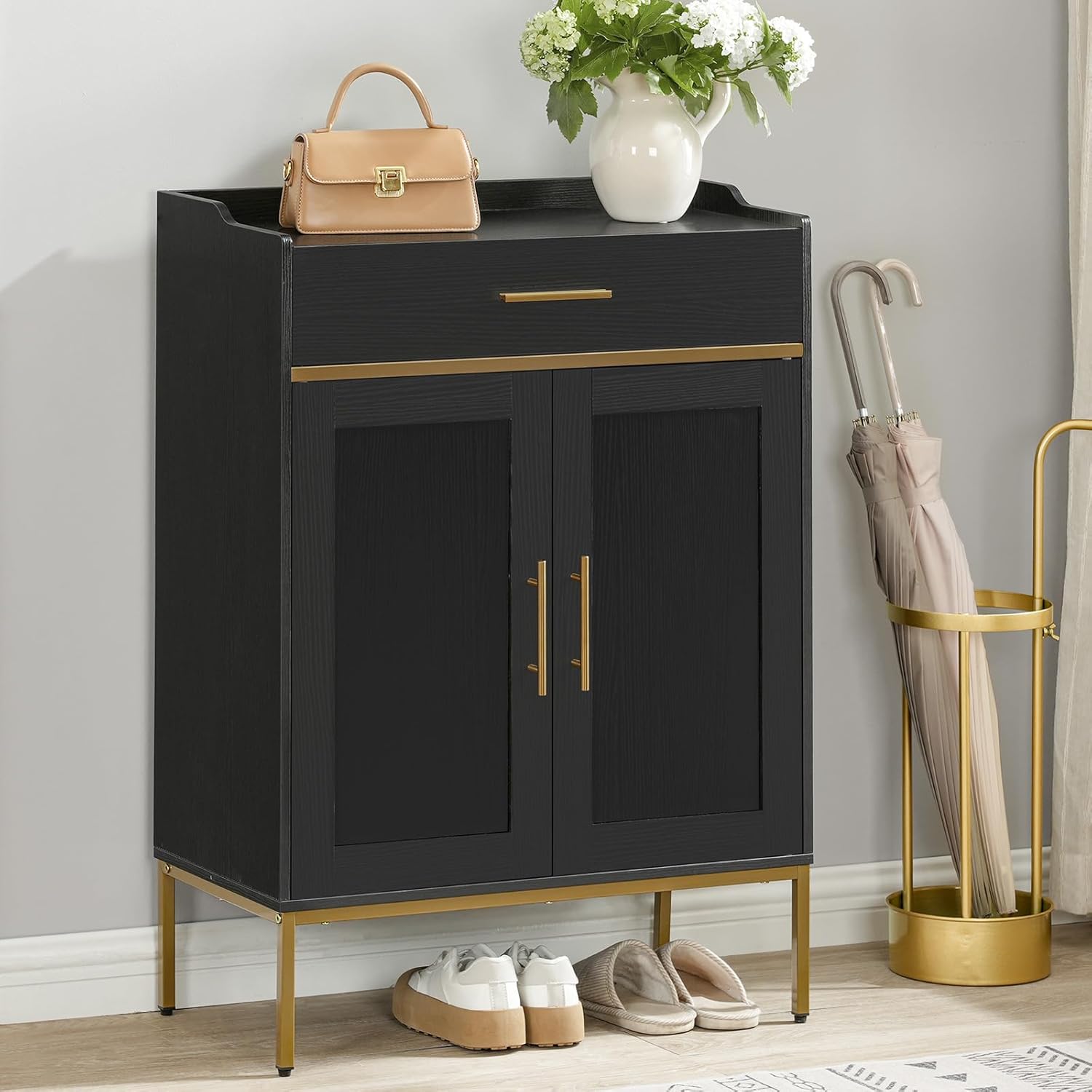 HOOBRO Shoe Storage Cabinet, Narrow Shoe Cabinet, Shoe Cabinet Storage for Entryway, Freestanding Shoe Organizer Cabinet, Shoe Rack Cabinet with Adjustable Shelves, Gold and Black DB14SC01