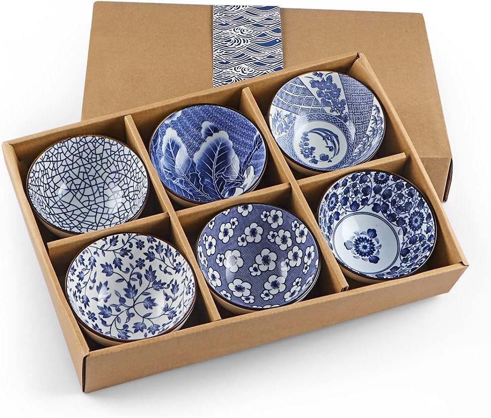 Ceramic Rice Bowls 10 oz, Japanese Style Bowl Gift Set, Assorted Dinnerware Serving Bowls for Cereal, Soup, Dessert, Snack, Fruit, Salsa, Pack of 6 (Blue and White)