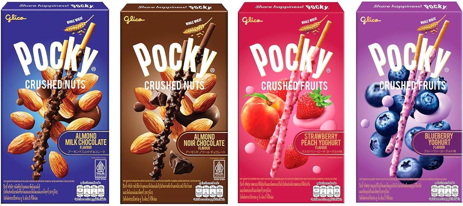 Hilary Pocky Crushed Fruits and Nuts Pack (4 packs) - Blueberry Yoghurt, Strawberry Peach Yoghurt, Almond Milk Chocolate, Almond Noir Chocolate
