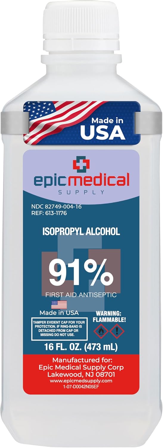 Epic Medical Supply 91% Percent Isopropyl Alcohol 91, Rubbing Alcohol Isopropilico 16 oz. Bottle, Multipurpose First Aid Antiseptic, Alcohol for Nails (1)