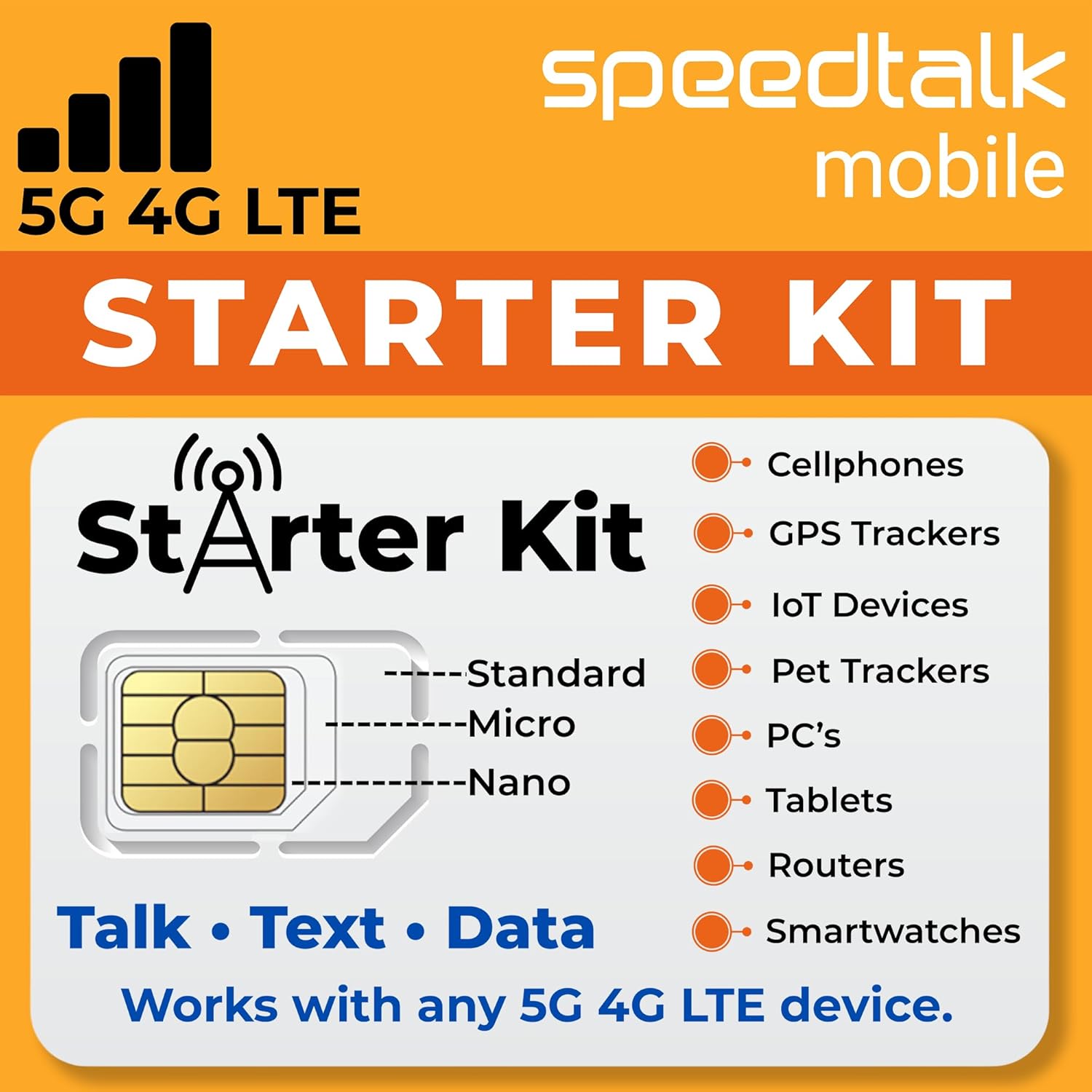 SpeedTalk Mobile SIM Card Starter Kit, Smartphone Cell Phone, GPS Tracker and IoT, Plan Starting at $5 Prepaid, Data, Talk and Text, High Speed 5G 4G LTE, Android iOS, USA, 3 in 1 SIM Kit
