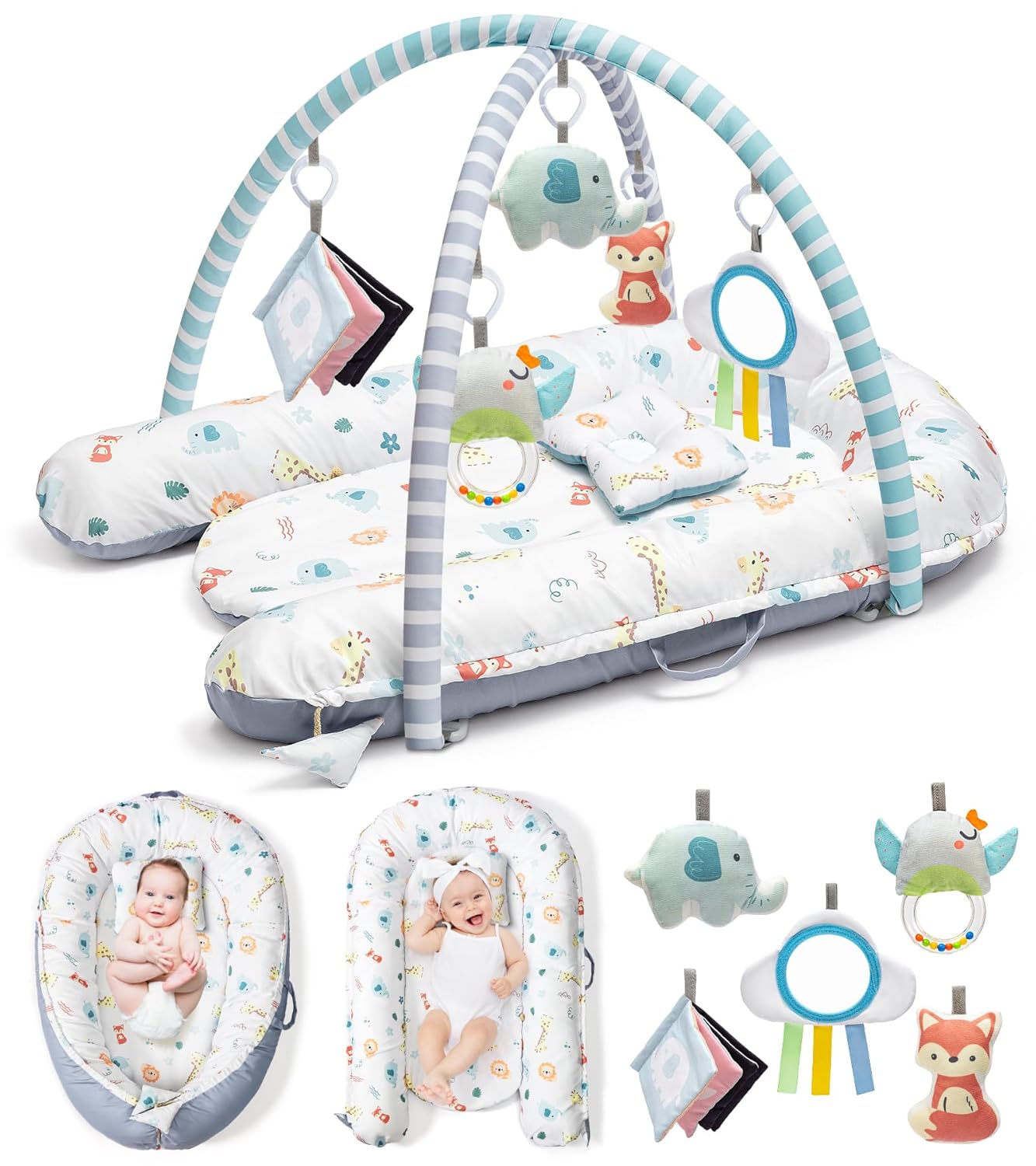 Baby Play Mat, 7-in-1 Tummy Time Activity Gym Mat, Washable Baby Lounger Nest, Portable Floor Seat for Home & Travel, Baby Essentials Gift for Infant Newborn 0-6-12-18 Months