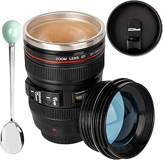 Camera Lens Coffee Mug,Travel Coffee Cup,Stainless Steel Lens Mug Thermos Camera Lens Mug with Lid and Spoon,Cool Gifts for Photographers Men and Women
