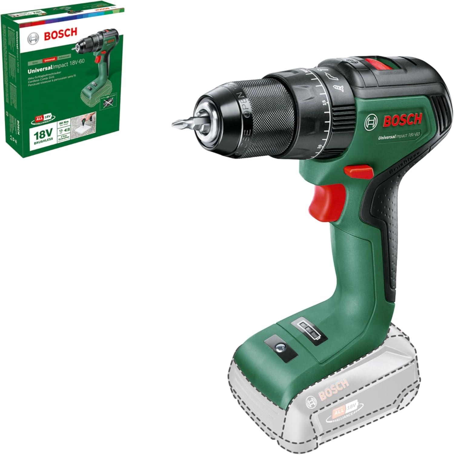 Bosch Cordless Hammer Drill UniversalImpact 18V-60 (without battery, 18 Volt System, in carton packaging)