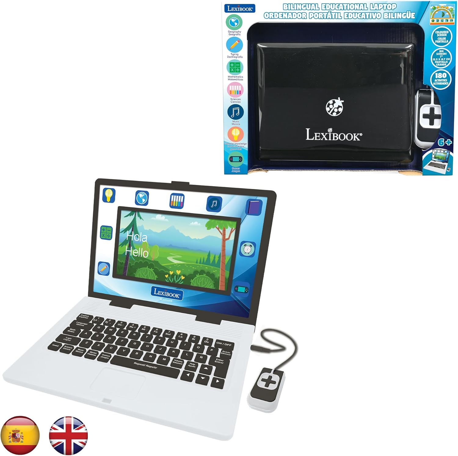Lexibook, Bilingual and Educational Laptop SPANISH/ENGLISH, Toy for Children, 180 Activities to Learn, Play Games and Music, Large and Coloured Screen, Black/White, JC899i2