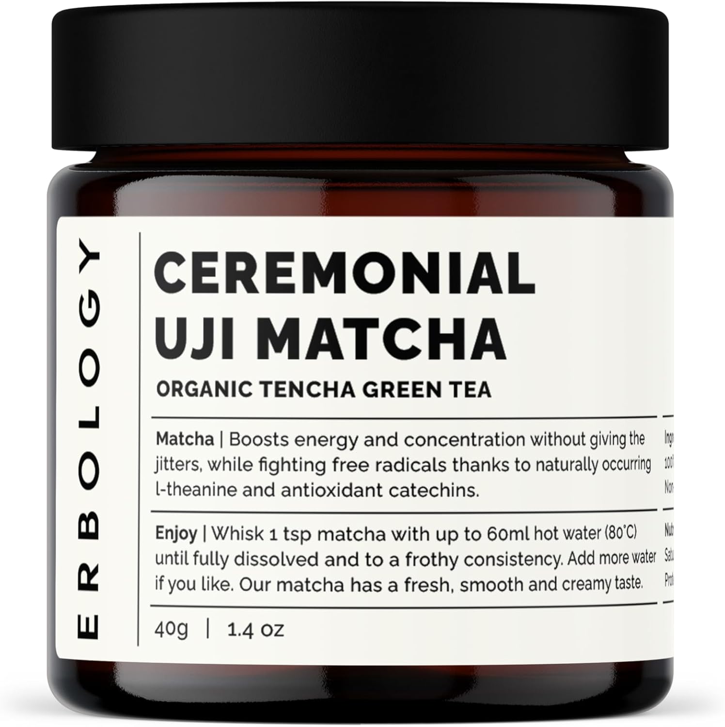 Erbology Organic Ceremonial Grade Matcha 40g - Tencha Stone-Ground - Straight from Farm in Kyoto, Japan - Energising and Stress-Reducing - Non-GMO - Recyclable Glass Jar