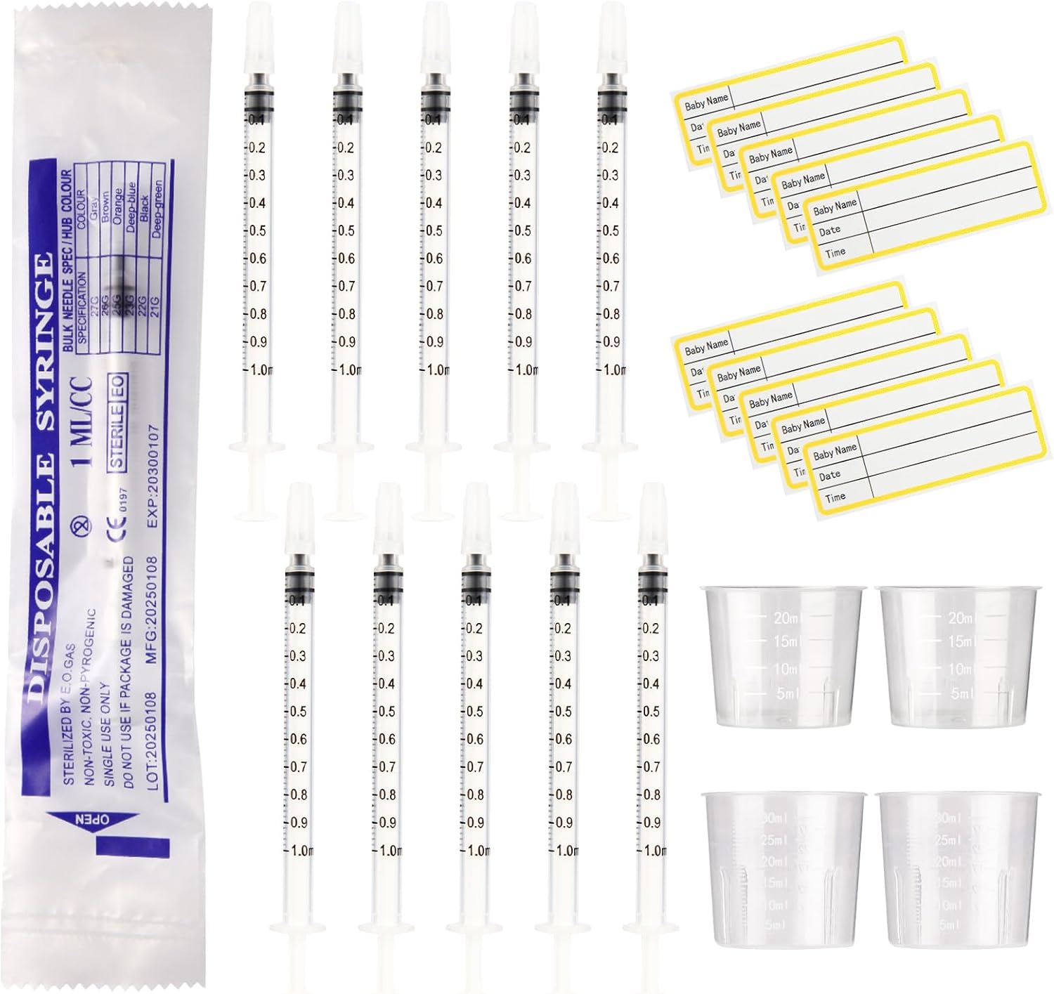 10Pcs 1ml Syringes With Caps No Needle Colostrum Syringe, 20ml 30ml Measuring Cups and 10 Stickers, for Refilling and Measuring Liquids, Scientific Labs, Plant Watering, Pet Feeding
