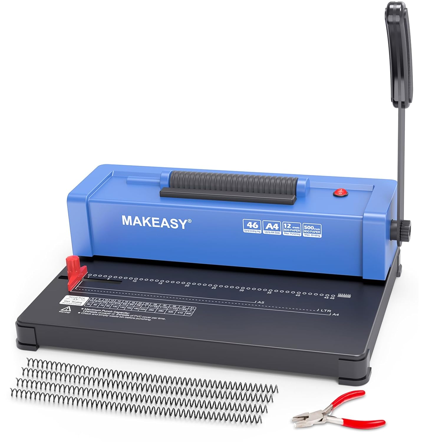 MAKEASY Spiral Binding Machine, 4:1 Pitch, 12 Sheets Punch Capacity, Electric Coil Insert, Book Binder Machine for A4/A5/Letter Size Paper, Comes with 100 pcs 5/16'' Coils & Pliers