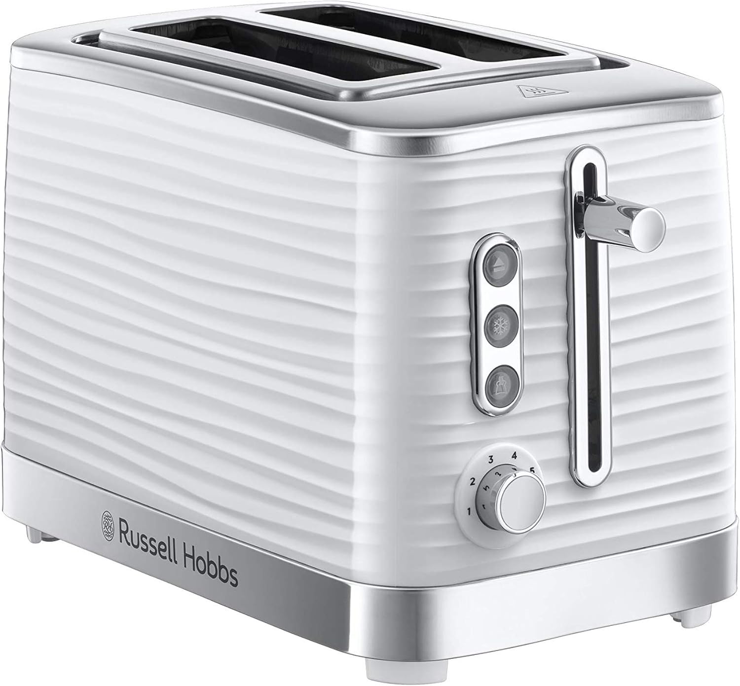 Russell Hobbs Inspire 2 Slice Toaster (Extra wide slots, High lift feature, 6 Browning levels, Frozen/Cancel/Reheat function with Blue LED illumination, 1050W, White textured high gloss) 24370