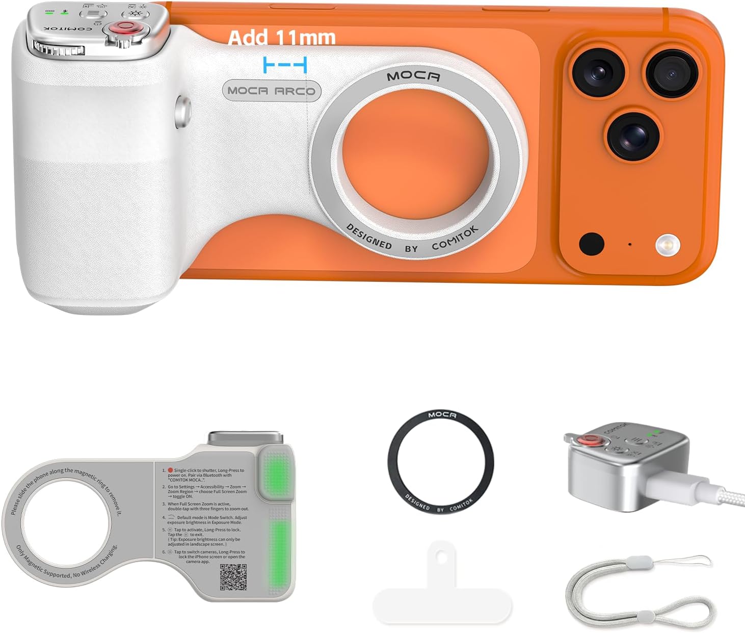 COMITOK Phone Camera Grip MOCA ARCO for Video Recording with Thumb Rest Area Design for iPhone Pro Max, with Enhanced Phone Mount & Detachable Remote for Easy Shooting, Video Call, Support iOS17/18/26