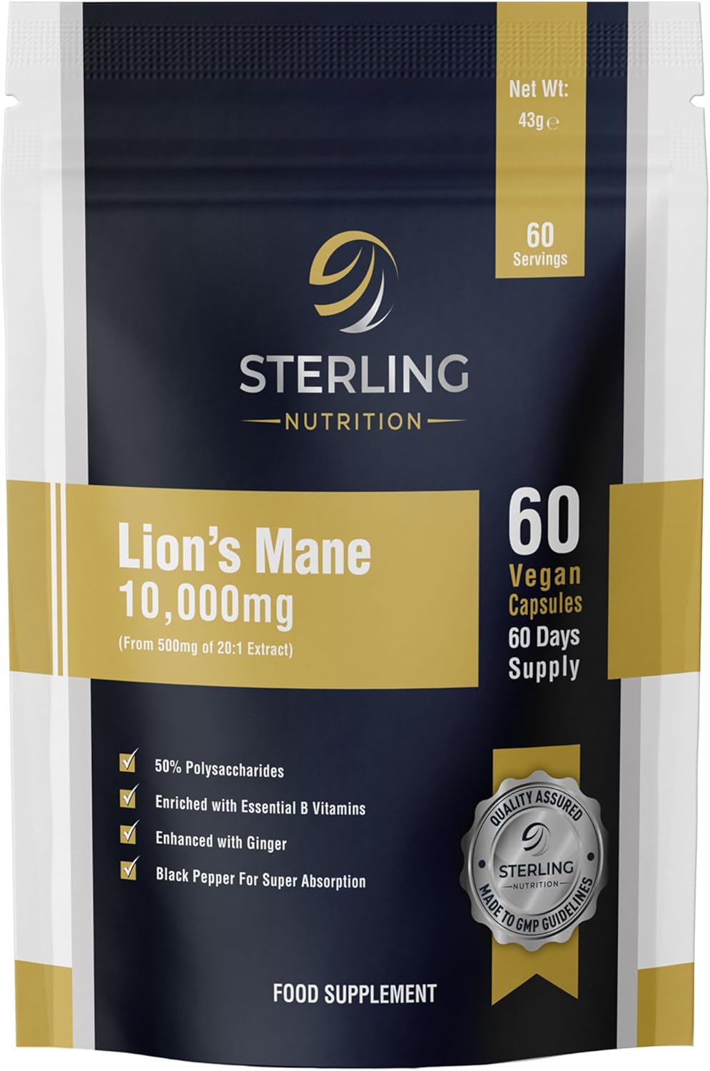 Extra Strength Lions Mane Tablets - Vegan Capsules for Adults, Pack of 60 Supplements (2 Months) | High Strength 10000mg, B Vitamins, Black Pepper & Ginger to Support Brain Health | STERLING NUTRITION