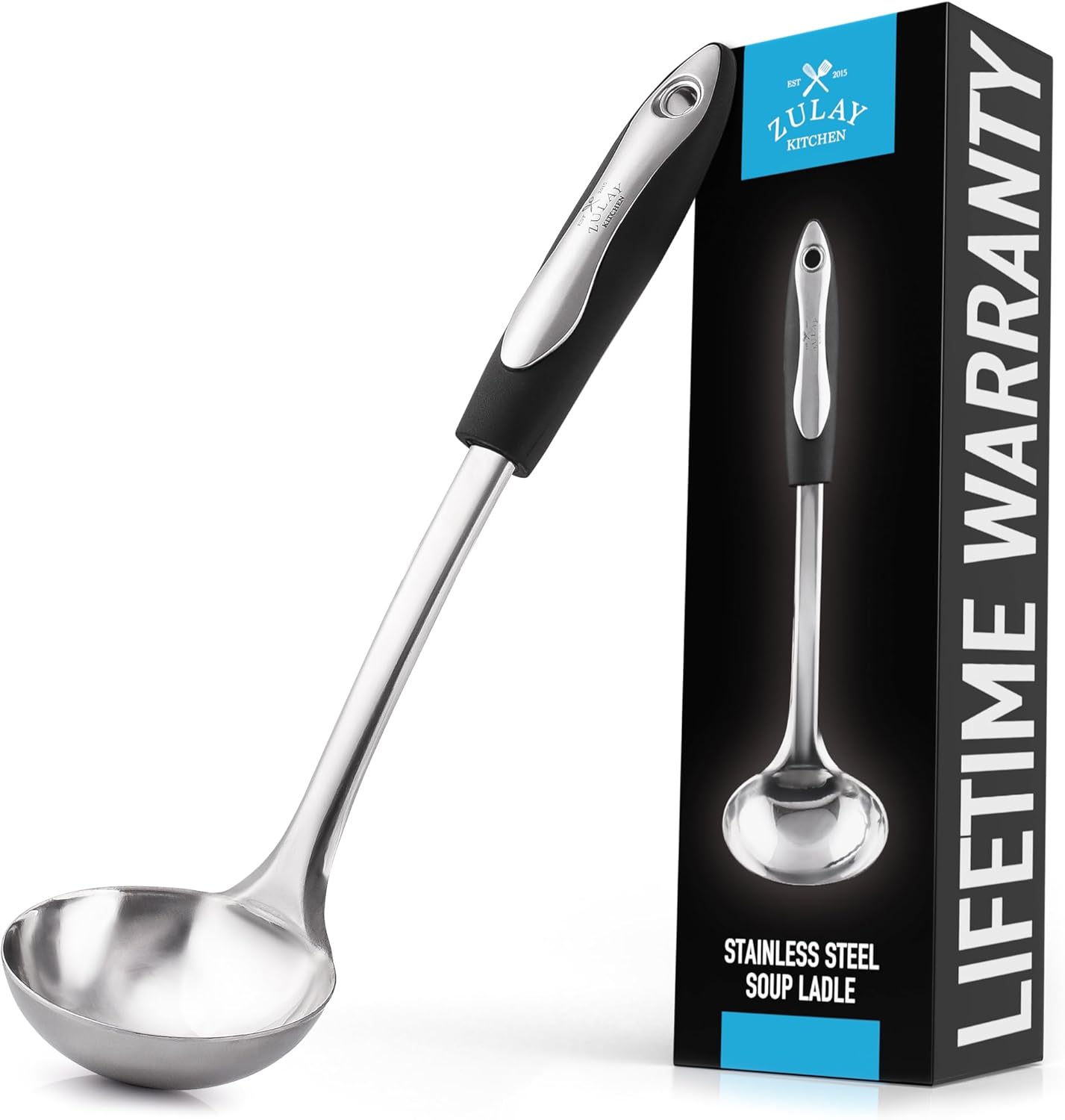 Zulay Kitchen Stainless Steel Soup Ladle – Ideal for Serving Stew, Chili, and Broth – 12" with Silicone Handle