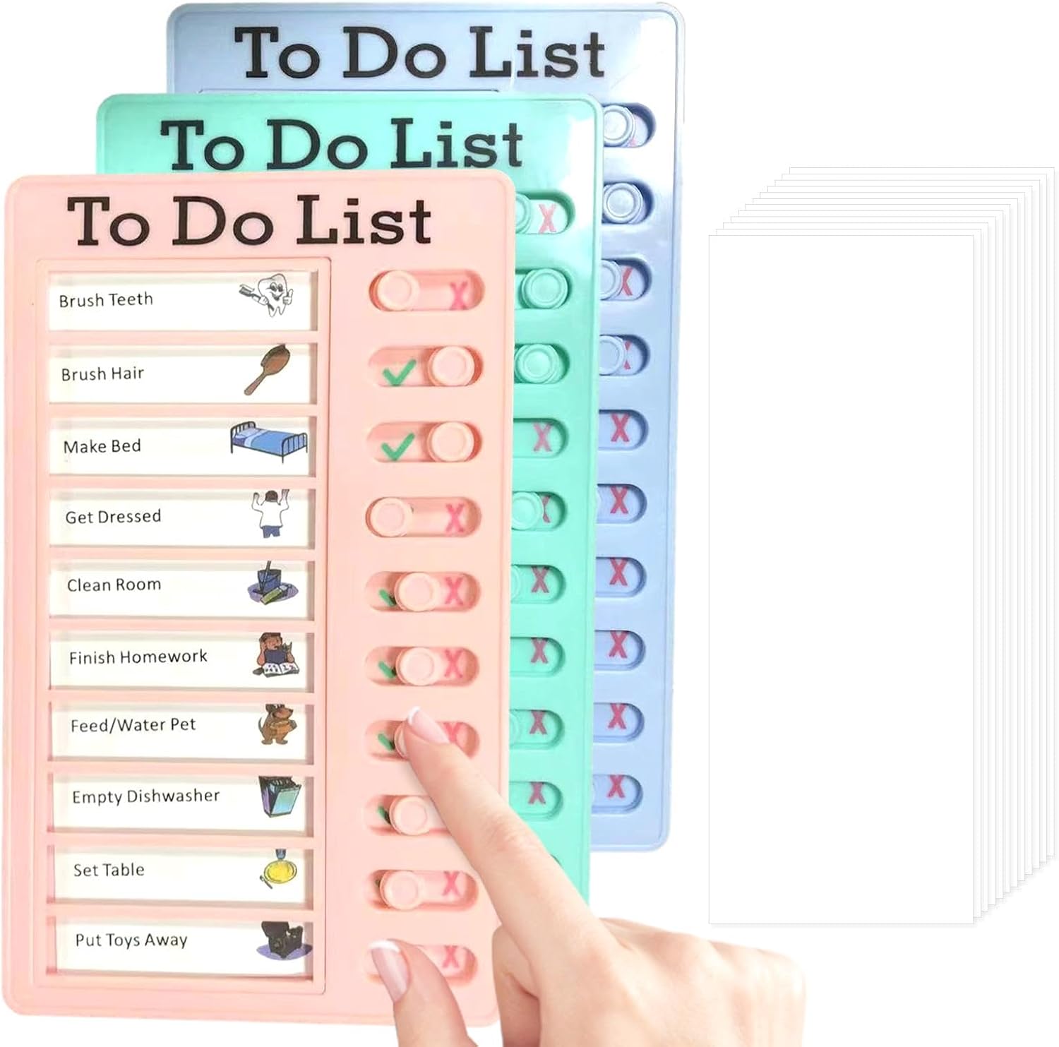 3 pcs to Do List Chore Chart with 12 pcs Replaceable Cardstocks, Portable Detachable Reusable Memo Checklist Boards with Slider for Home Office(Green + Blue + Pink)