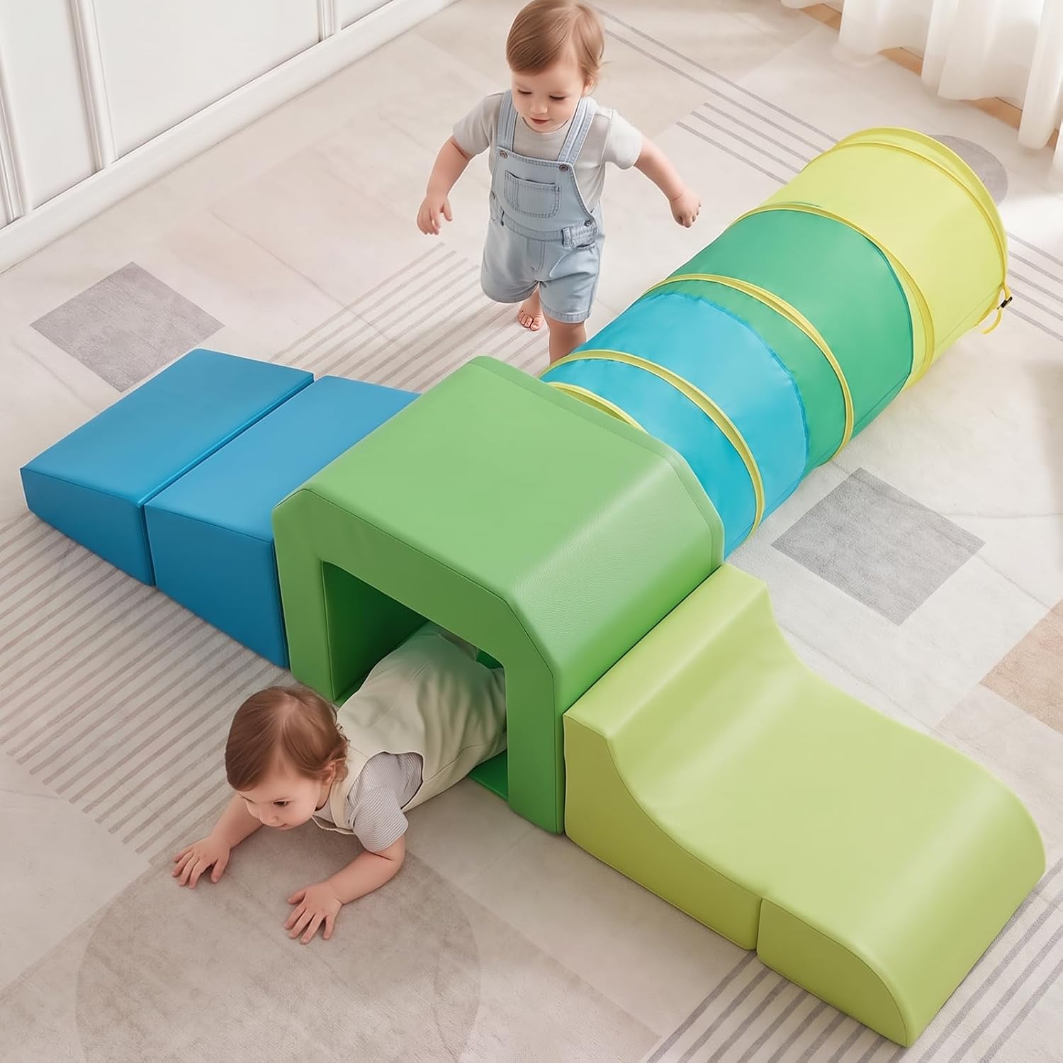 JungleDove PU Leather Foam Climbing Blocks: with Toddler Crawl Tunnel Toy