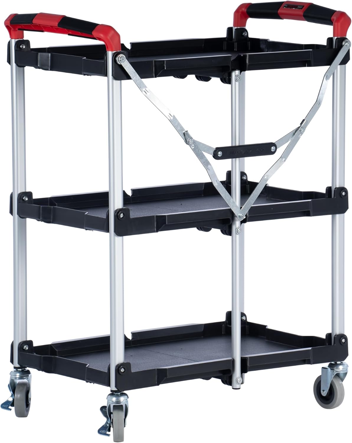 Folding Service Cart, 3 Tier Plastic Utility Trolley, Kitchen & Canteen Cart with Lockable Wheels