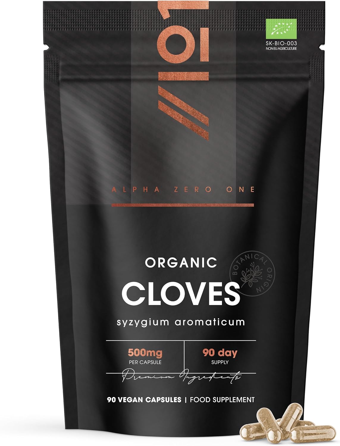 Organic Clove Capsules 500mg - High Strength Clove Supplement - 90 Vegan Capsules (3 Months Supply) - Resealable and Recyclable Pouch by Alpha01